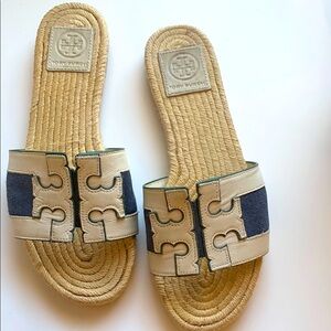 Tory Burch Cream and Navy Ines Espadrille Slide Sandals